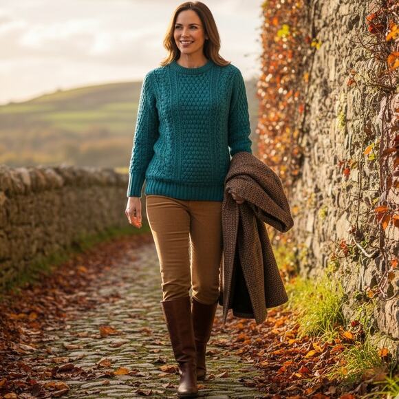 Quill’s Woollen Market Vintage 80s Irish Handknit Teal Wool Sweater | 44 (L/XL) - Picture 4 of 11